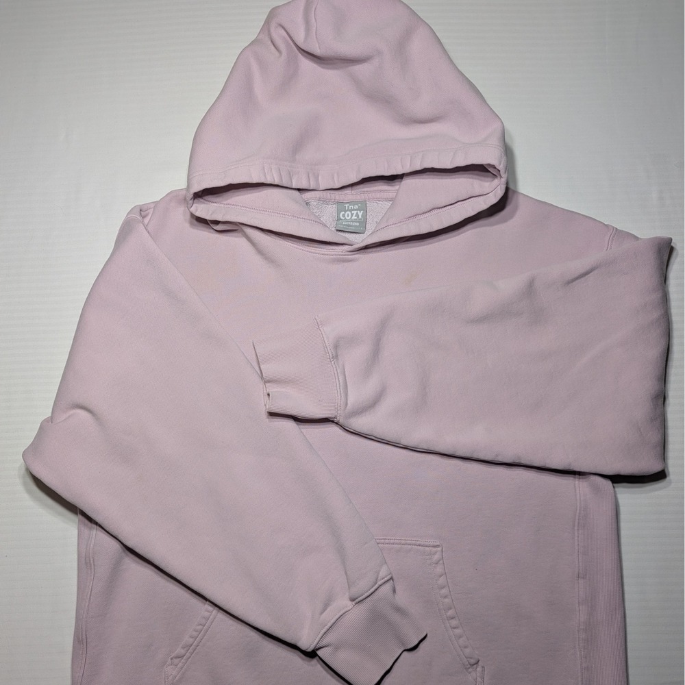 Aritzia Tna Cozy Fleece Boyfriend Hoodie Sweatshirt Size L Pink Pullover Pocket